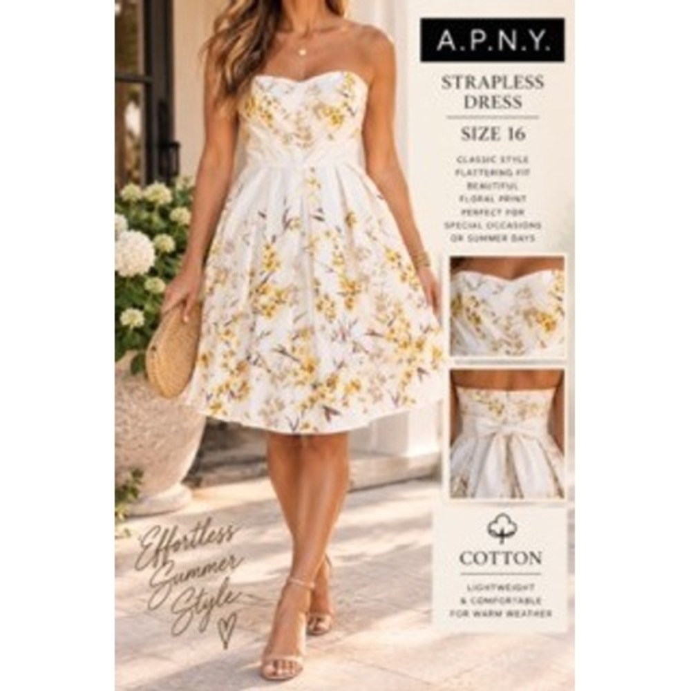 APNY Women 16 White Yellow Floral Strapless Fit Flare Cotton Summer Dress Bow